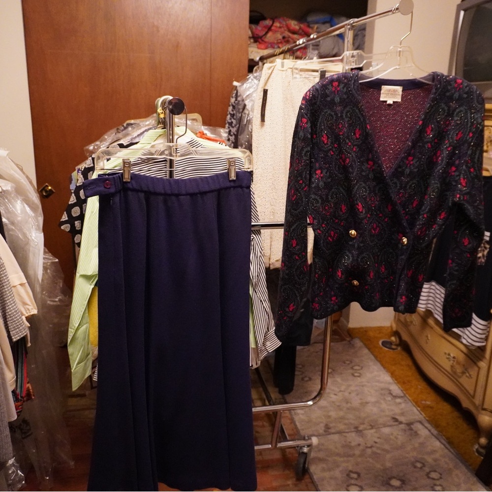 Vintage Susan Bristol Navy and Gold Textured Jacket and blue skirt suit set.